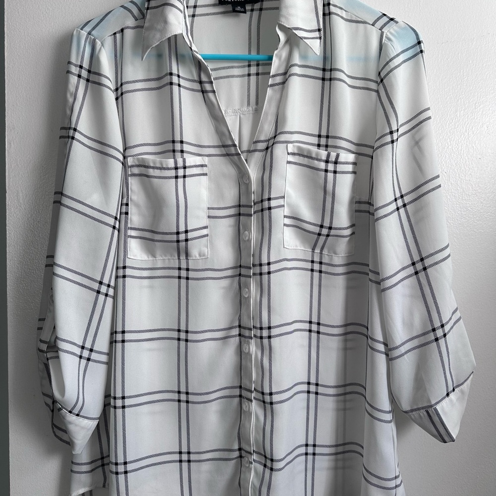 Fortune +Ivy White and Black Plaid Button-Up Blouse